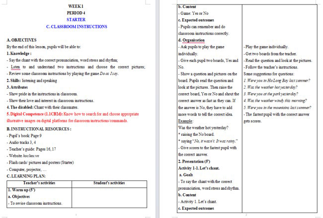Giáo án tích hợp NLS Tiếng Anh 5 Starter: Classroom instructions