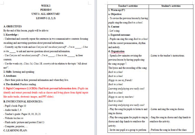 Giáo án tích hợp NLS Tiếng Anh 5 Unit 1: Lesson 1