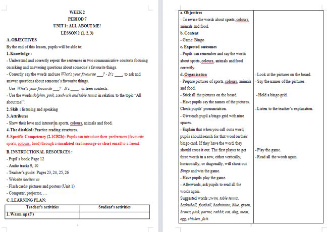 Giáo án tích hợp NLS Tiếng Anh 5 Unit 1: Lesson 2