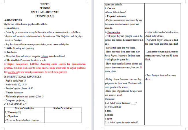 Giáo án tích hợp NLS Tiếng Anh 5 Unit 1: Lesson 3