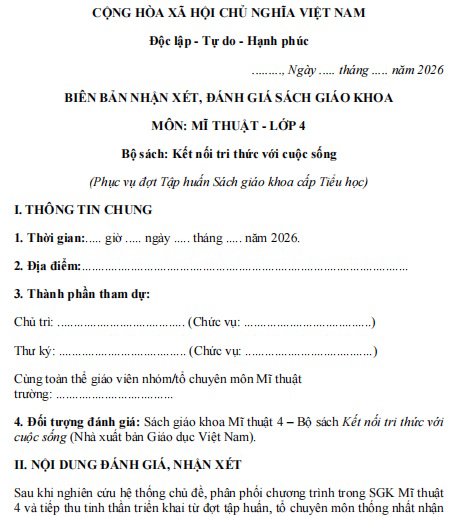 Biên bản nhận xét, đánh giá SGK môn Mĩ thuật lớp 4