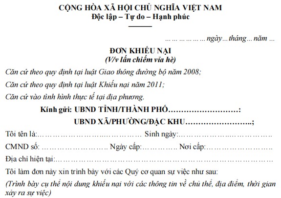Mẫu đơn khiếu nại lấn chiếm vỉa hè