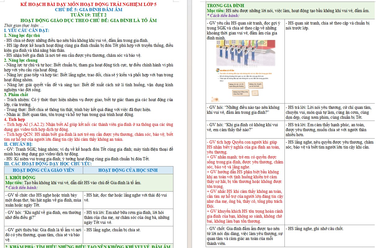 Kế hoạch bài dạy Hoạt động trải nghiệm 5 Tuần 19 NLS, AI