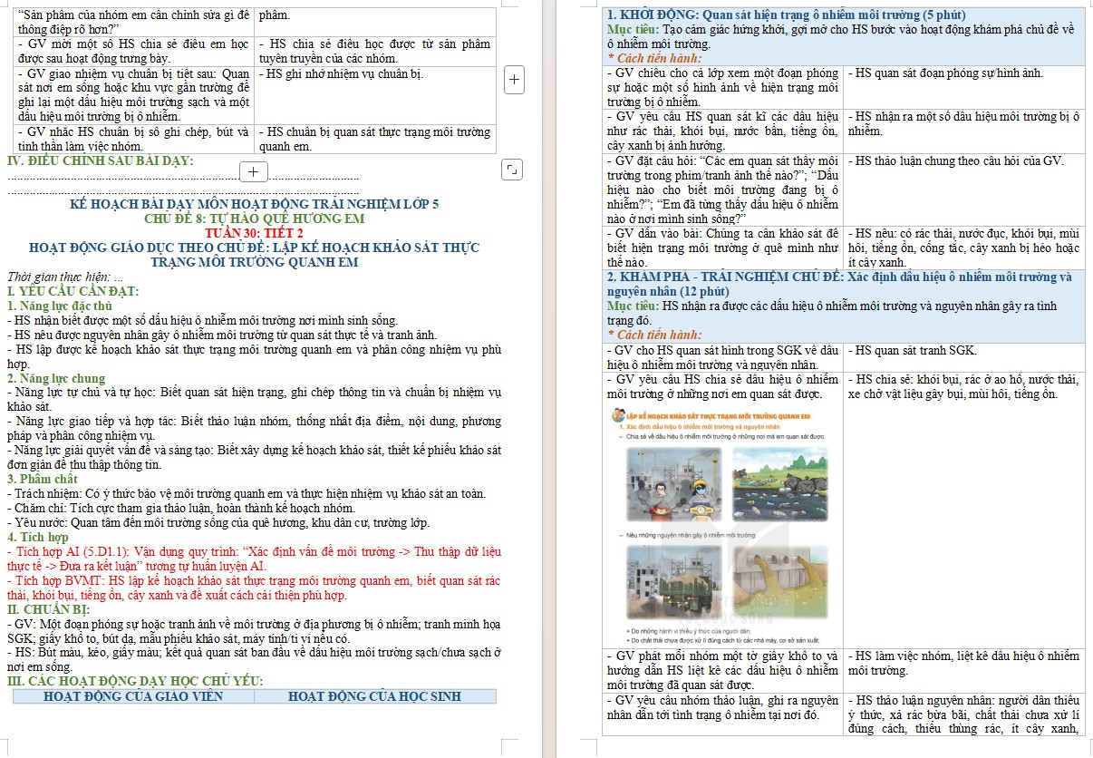 Kế hoạch bài dạy Hoạt động trải nghiệm 5 Tuần 30 NLS, AI
