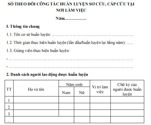 Mẫu sổ theo dõi về công tác huấn luyện sơ cứu, cấp cứu tại nơi làm việc