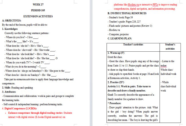 Giáo án tích hợp NLS Tiếng Anh 4: Extension Activities 3