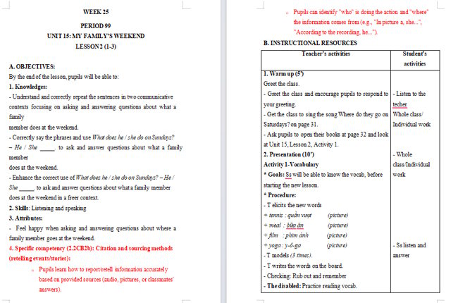 Giáo án tích hợp NLS Tiếng Anh 4 Unit 15: Lesson 2