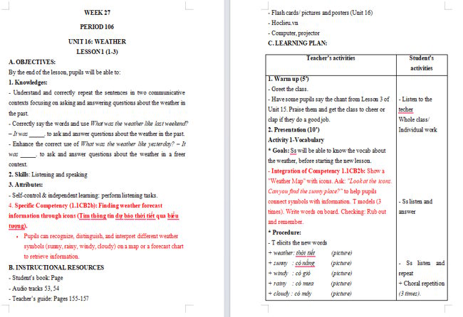 Giáo án tích hợp NLS Tiếng Anh 4 Unit 16: Lesson 1