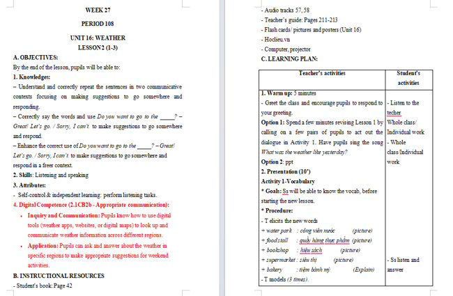 Giáo án tích hợp NLS Tiếng Anh 4 Unit 16: Lesson 2