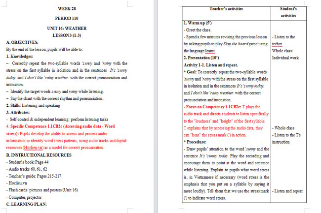 Giáo án tích hợp NLS Tiếng Anh 4 Unit 16: Lesson 3