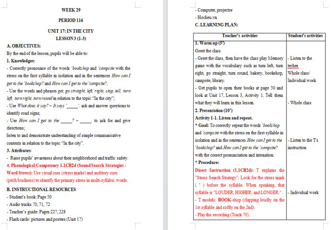 Giáo án tích hợp NLS Tiếng Anh 4 Unit 17: Lesson 31
