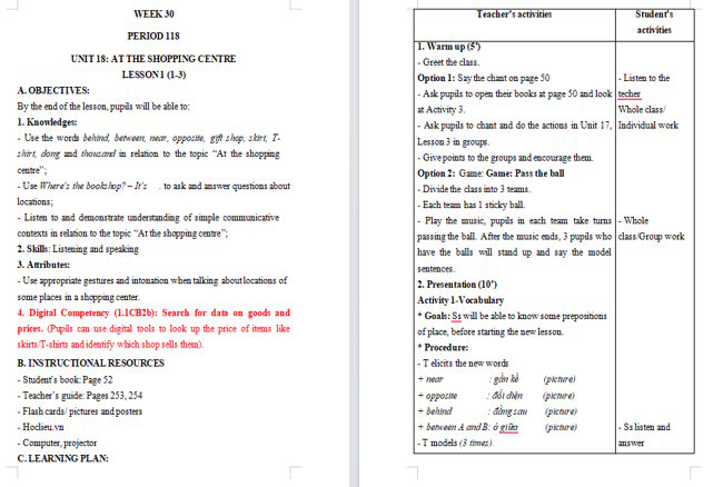 Giáo án tích hợp NLS Tiếng Anh 4 Unit 18: Lesson 1