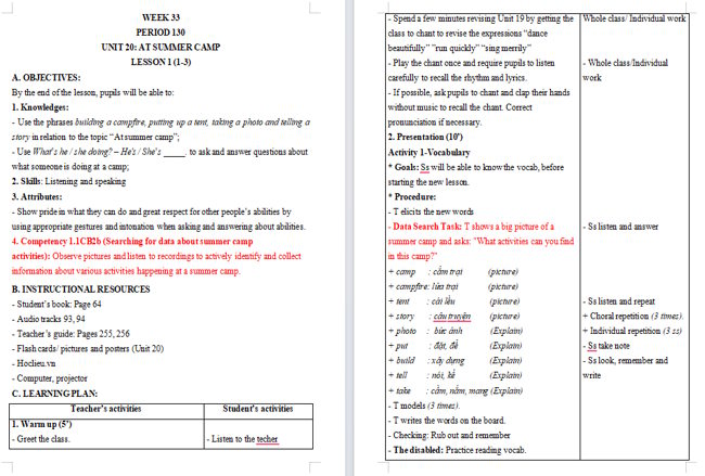Giáo án tích hợp NLS Tiếng Anh 4 Unit 20: Lesson 1