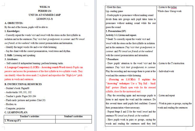 Giáo án tích hợp NLS Tiếng Anh 4 Unit 20: Lesson 3