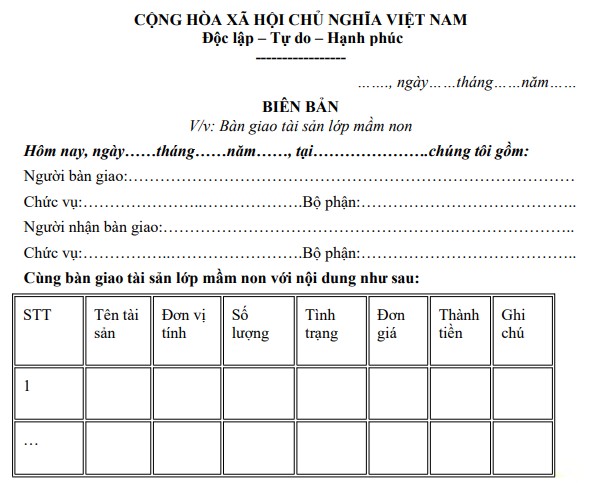 Mẫu biên bản bàn giao tài sản lớp mầm non