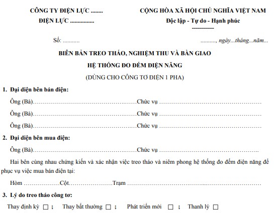 Mẫu biên bản treo tháo công tơ điện 1 pha