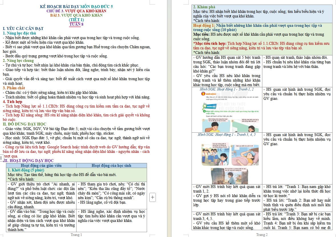 Kế hoạch bài dạy Đạo đức 5 Bài 3 NLS, AI
