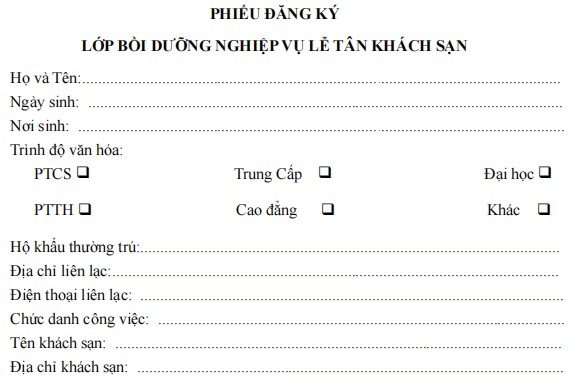 Mẫu phiếu đăng ký tham gia lớp bồi dưỡng nghiệp vụ lễ tân khách sạn