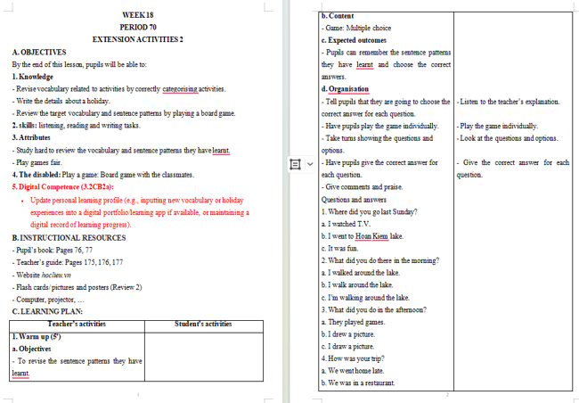 Giáo án tích hợp NLS Tiếng Anh 5: Extension Activities 2