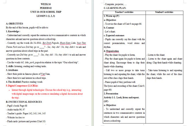 Giáo án tích hợp NLS Tiếng Anh 5 Unit 10: Lesson 1