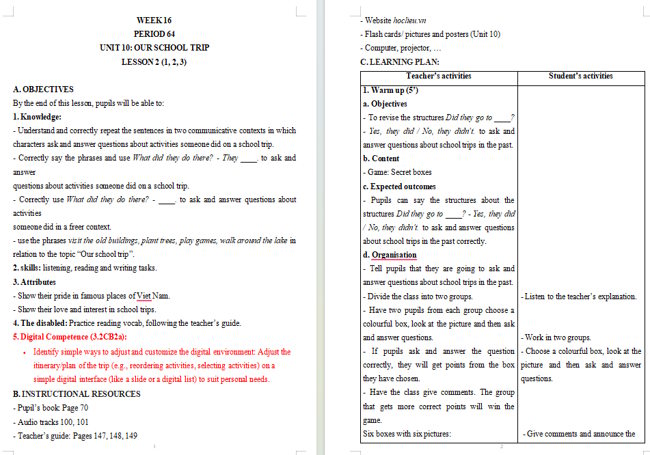 Giáo án tích hợp NLS Tiếng Anh 5 Unit 10: Lesson 2