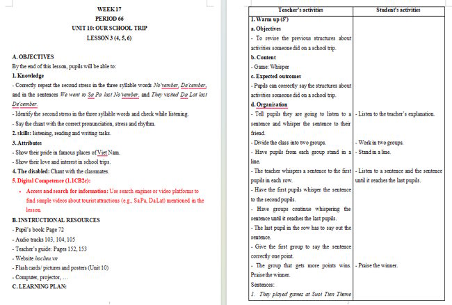Giáo án tích hợp NLS Tiếng Anh 5 Unit 10: Lesson 3