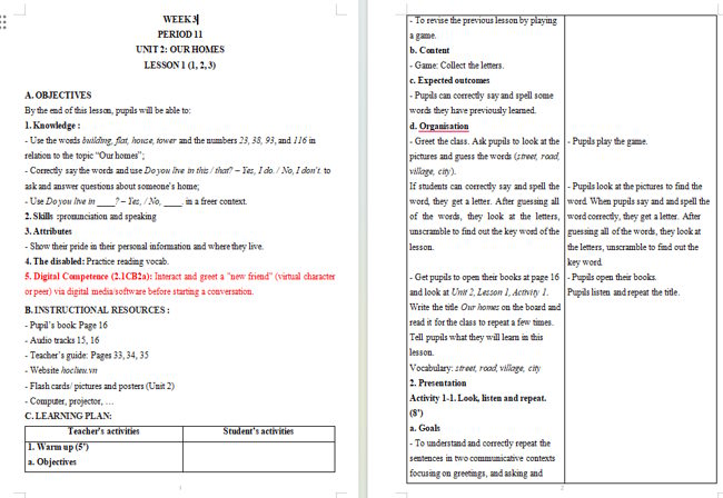 Giáo án tích hợp NLS Tiếng Anh 5 Unit 2: Lesson 1