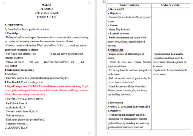 Giáo án tích hợp NLS Tiếng Anh 5 Unit 2: Lesson 2