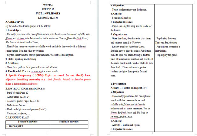 Giáo án tích hợp NLS Tiếng Anh 5 Unit 2: Lesson 3