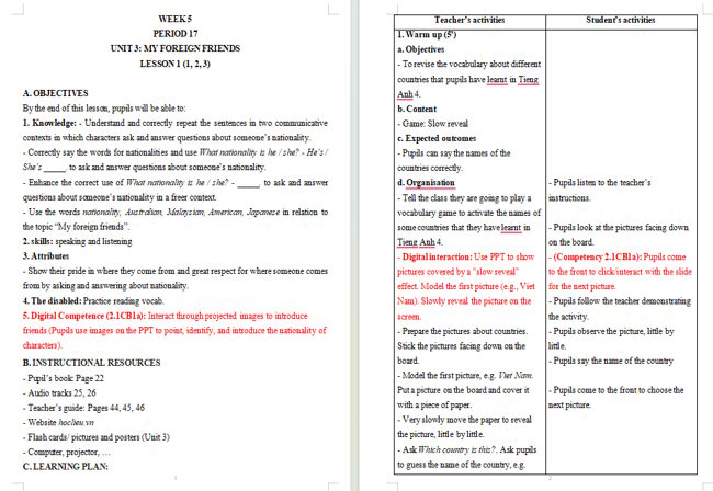Giáo án tích hợp NLS Tiếng Anh 5 Unit 3: Lesson 1