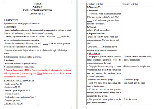 Giáo án tích hợp NLS Tiếng Anh 5 Unit 3: Lesson 2