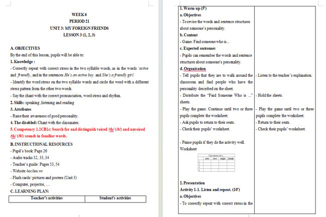 Giáo án tích hợp NLS Tiếng Anh 5 Unit 3: Lesson 3