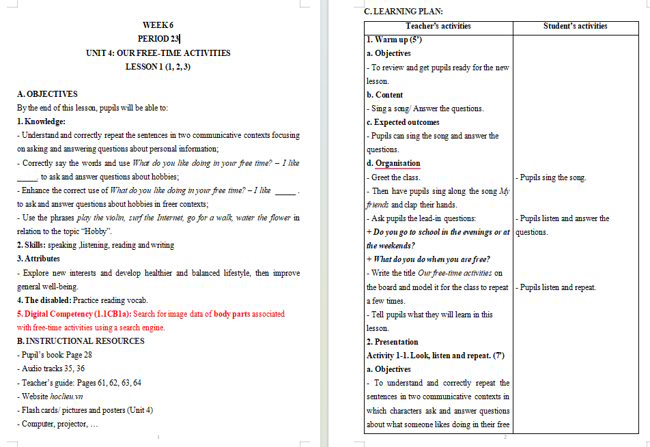 Giáo án tích hợp NLS Tiếng Anh 5 Unit 4: Lesson 1