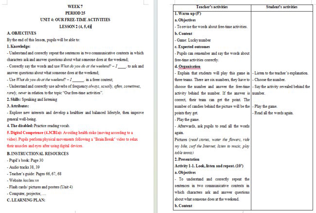 Giáo án tích hợp NLS Tiếng Anh 5 Unit 4: Lesson 2