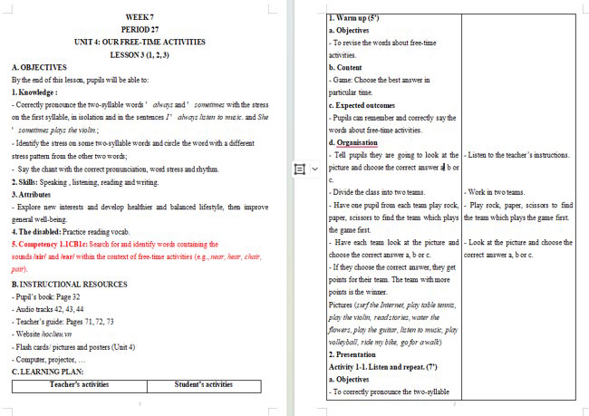 Giáo án tích hợp NLS Tiếng Anh 5 Unit 4: Lesson 3