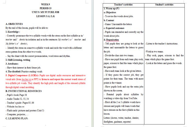Giáo án tích hợp NLS Tiếng Anh 5 Unit 5: Lesson 3