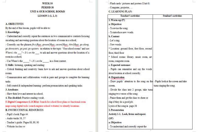 Giáo án tích hợp NLS Tiếng Anh 5 Unit 6: Lesson 1
