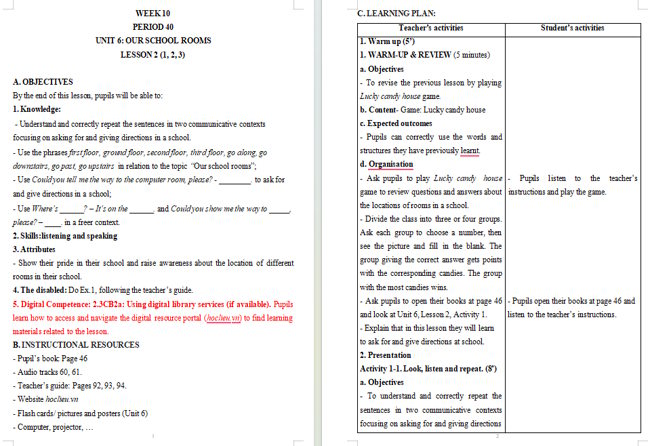 Giáo án tích hợp NLS Tiếng Anh 5 Unit 6: Lesson 2