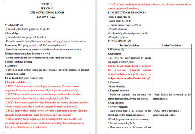 Giáo án tích hợp NLS Tiếng Anh 5 Unit 6: Lesson 3