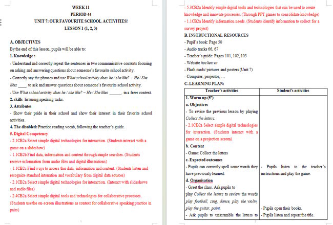 Giáo án tích hợp NLS Tiếng Anh 5 Unit 7: Lesson 1
