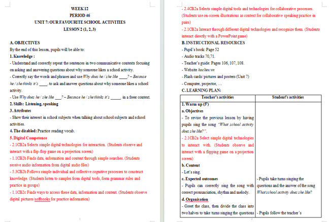 Giáo án tích hợp NLS Tiếng Anh 5 Unit 7: Lesson 2