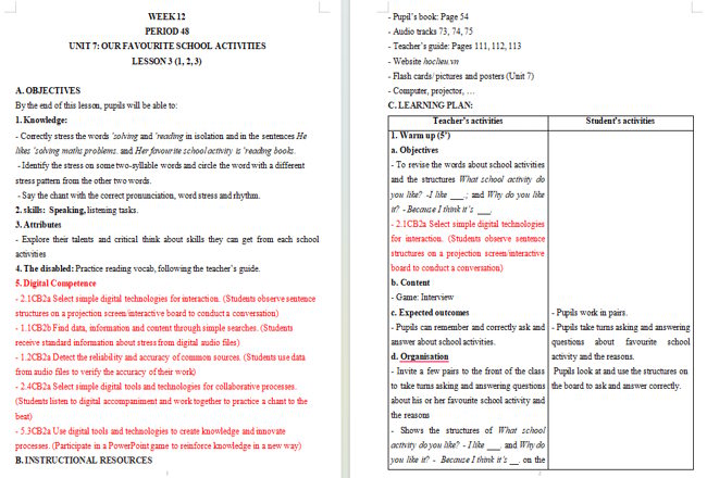 Giáo án tích hợp NLS Tiếng Anh 5 Unit 7: Lesson 3