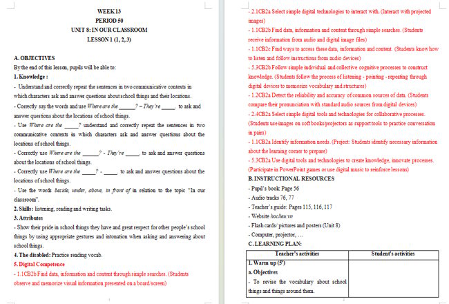 Giáo án tích hợp NLS Tiếng Anh 5 Unit 8: Lesson 1