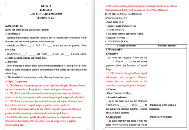 Giáo án tích hợp NLS Tiếng Anh 5 Unit 8: Lesson 2