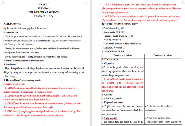 Giáo án tích hợp NLS Tiếng Anh 5 Unit 8: Lesson 3