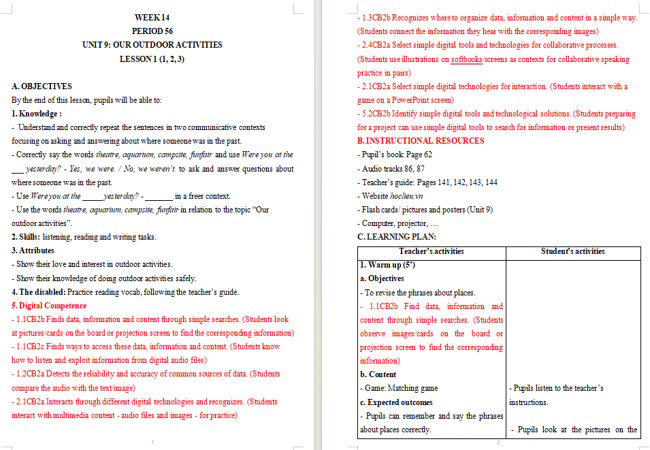 Giáo án tích hợp NLS Tiếng Anh 5 Unit 9: Lesson 1