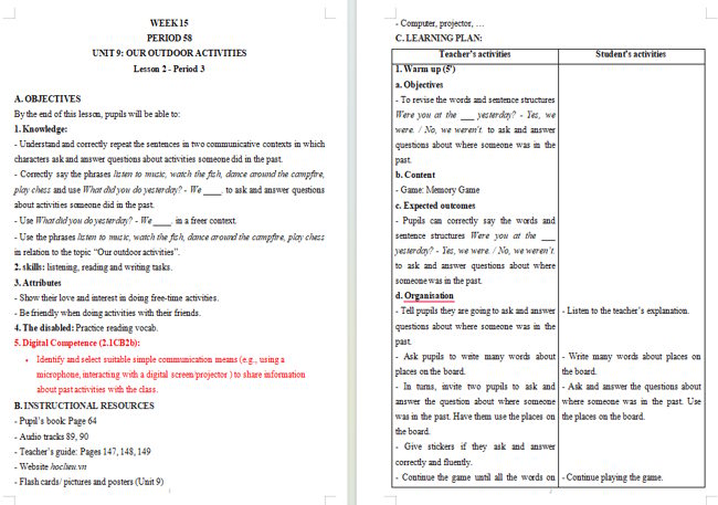Giáo án tích hợp NLS Tiếng Anh 5 Unit 9: Lesson 2