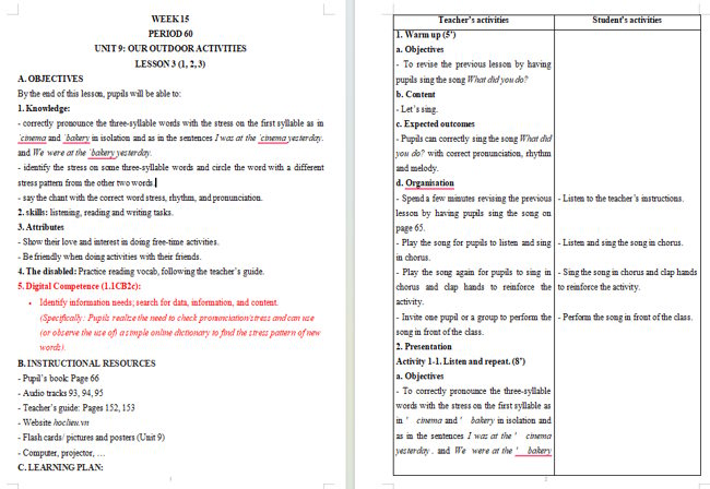 Giáo án tích hợp NLS Tiếng Anh 5 Unit 9: Lesson 3