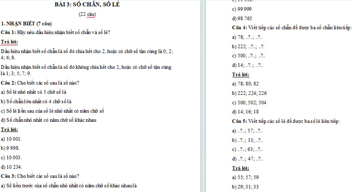 Câu hỏi tự luận Toán 4 bài 3: Số chẵn, số lẻ