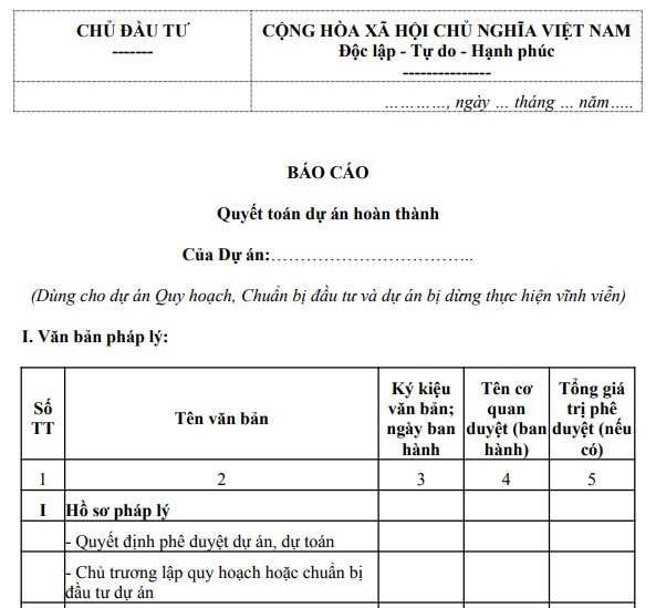Mẫu báo cáo quyết toán dự án hoàn thành